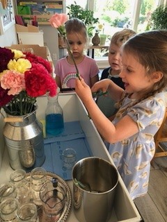 Coronation Montessori flowers in vase with kids watching